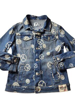Girl’s Justice X Stranger Things Soft Denim Peace Sign Smiley Face Jacket Size M